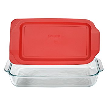 Pyrex Basics 3 Quart Glass Oblong Baking Dish with Red Plastic Lid - 9 inch x 13 Inch by Pyrex