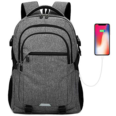 15.6 inch Laptop Backpack Men, Travel Water Resistant Backpack with USB Charging Port Multiple Pockets School Backpack, Durable Lightweight Computer Backpack for Men and Women, Black (Grey)