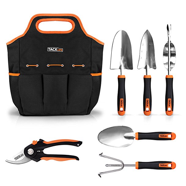 Garden Tools Set, 7 Piece Stainless Steel Heavy Duty Gardening kit with Soft Rubberized Non-Slip Handle -Durable Storage Tote Bag and Pruning Shears - Garden Gifts for Men & Women GGT4A
