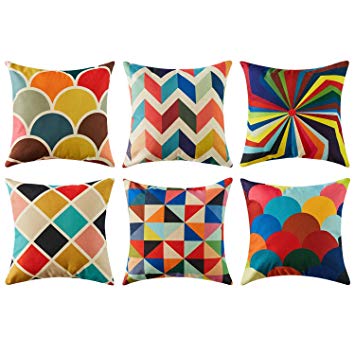 Topfinel Colorful Geometric Cushion Cover Cotton Linen Home Decorative Square for Sofa Throw Pillow Case 18 x 18 Inch, 45cm x 45cm Pop Art Series 6 Pack