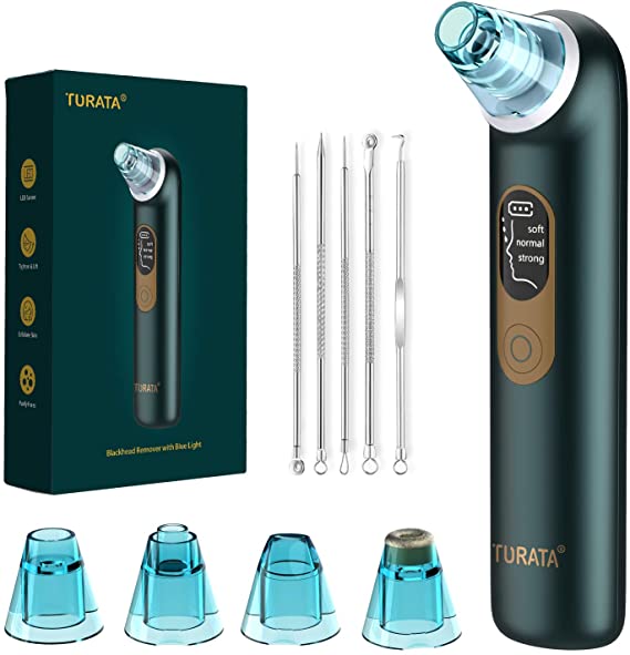 TURATA Blackhead Remover Vacuum Professional Pore Cleaner Upgraded 4 Replaceable Probes 3 Modes LCD Display USB Rechargeable with Blue Beauty Light Acne Comedones Extractor Skincare Tool (pinegreen)