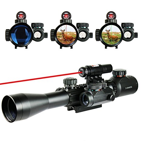 UUQ® Tactical 3-9x40mm Illuminated Rifle Scope with Red Laser and Red Dot Sight of Red / Green Reticle Mount