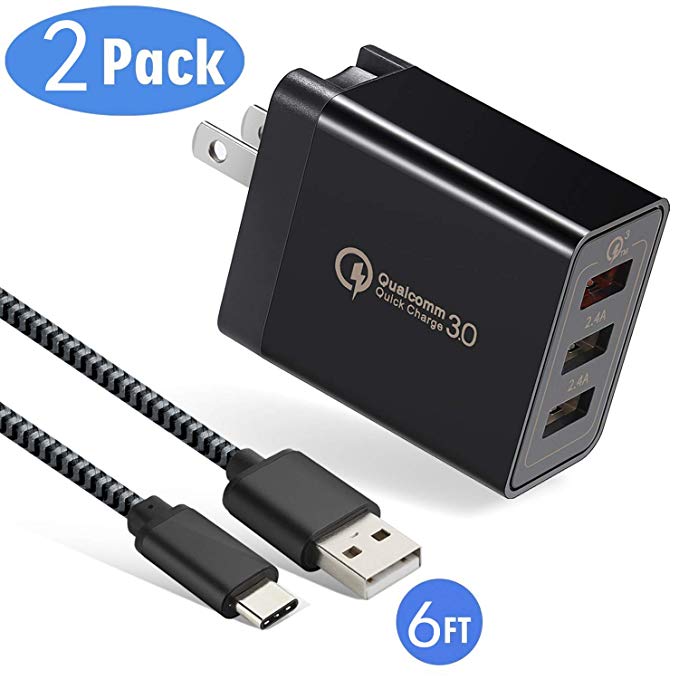 Quick Charge 3.0 with USB Type C Cable 6ft, WITPRO 30W 3-Port QC3.0 Adaptive Fast Charging Wall Plug   Charger Cord for Samsung Galaxy S10/S9/S8 Plus S10e, Note 8/9, LG G6/G7/G5 V30/V40,(2in1 Pack)