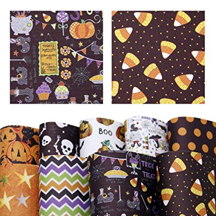 David accessories Halloween Pumpkin Printed Faux Leather Sheets Fabric Non-Woven Back 9 Pcs 8" x 13" (20cm x 34cm) for Making Bags Crafting DIY Sewing Festival Decor (Halloween Pattern A)