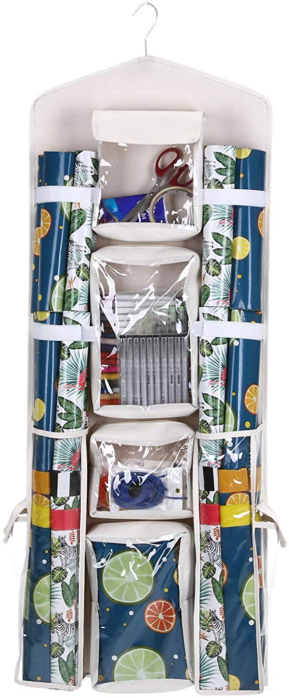 MaidMAX Hanging Gift Wrap Organizer, Hanging Wrapping Paper Storage 40 Inches Double Sided for Christmas Decor, Gift Wrap Rolls, Gift Bags, Bows, Ribbons, 10 Pockets