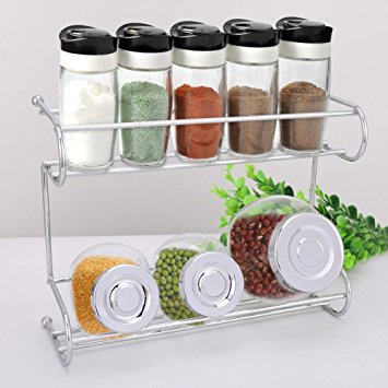 2-Tier Spice Rack, EZOWare Silver Kitchen Countertop 2-Tier Storage Organizer Spice Jars Shelf Holder Rack