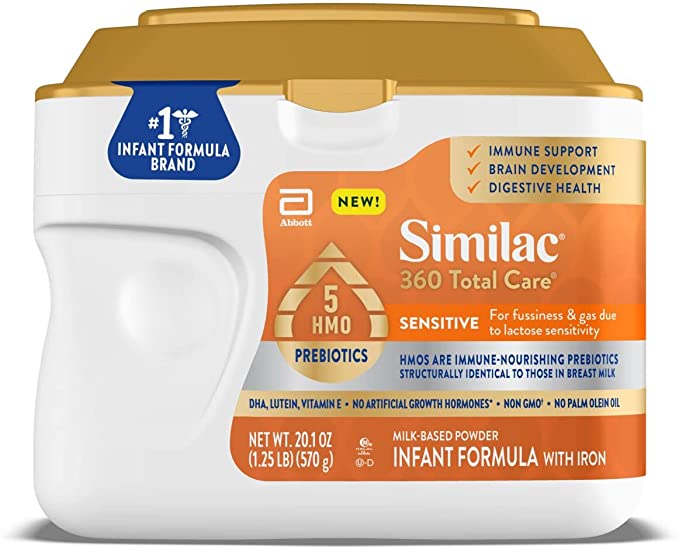 Similac 360 Total Care Sensitive Infant Formula, with 5 HMO Prebiotics, for Fussiness & Gas Due to Lactose Sensitivity, Non-GMO, Baby Formula Powder, Unflavored, 20.1 Oz