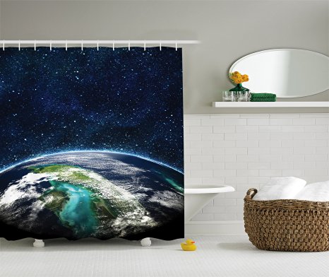 Ambesonne Modern Abstract Space Moon Universe Decorations Collection, Giclee Art Prints of Galaxy Nebula Earth and Stars, Polyester Fabric Bathroom Shower Curtain Set, Navy Turquoise Green WHite