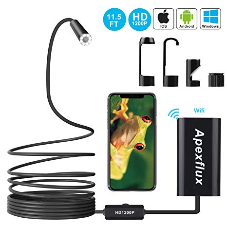 WiFi Endoscope Camera,1200P Semi-Rigid Wireless Endoscope Inspection Camera IP68 Waterproof USB Borescope Camera HD Snake Camera for Android,iPhone, Samsung,Tablet by Apexflux (Black)