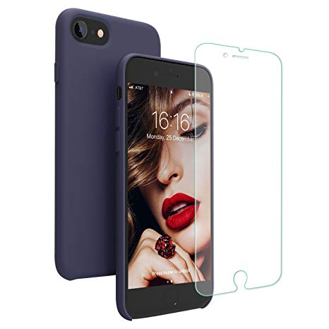 iPhone 8 Case, iPhone 7 Case, Jasbon Liquid Silicone Phone Case with Free Screen Protector Gel Rubber Shockproof Cover for Apple iPhone 7 iPhone 8-Dark Blue