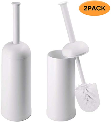 Closed Toilet Brush Compact Toilet Brush and Holder, White Plastic,Pack of 2 Set (Round)