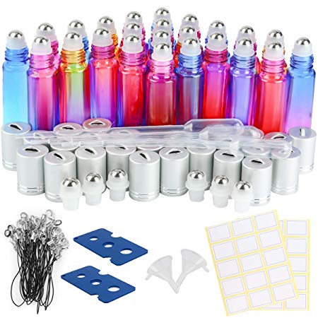 Essential Oil Roller Bottle, ESARORA 24 Pack 10ml Gradient Color Glass Roller Bottle with Stainless Steel Roller Balls and Silver hanging Lids(3 Dropper,2 Funnel,6 Extra Roller Ball,30 label,2 Opener)