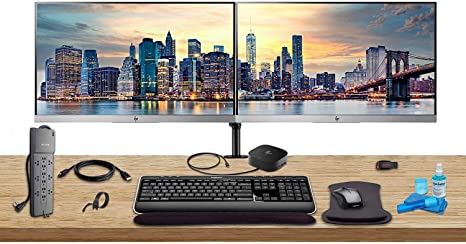 HP Home Office Bundle with 2 x E223 22" Monitors (HDMI, DisplayPort) - HP USB-C Dock - Dual Monitor Stand - Wireless Keyboard and Mouse, Gel Wrist Pad - Surge Protector - 32GB USB Drive and More