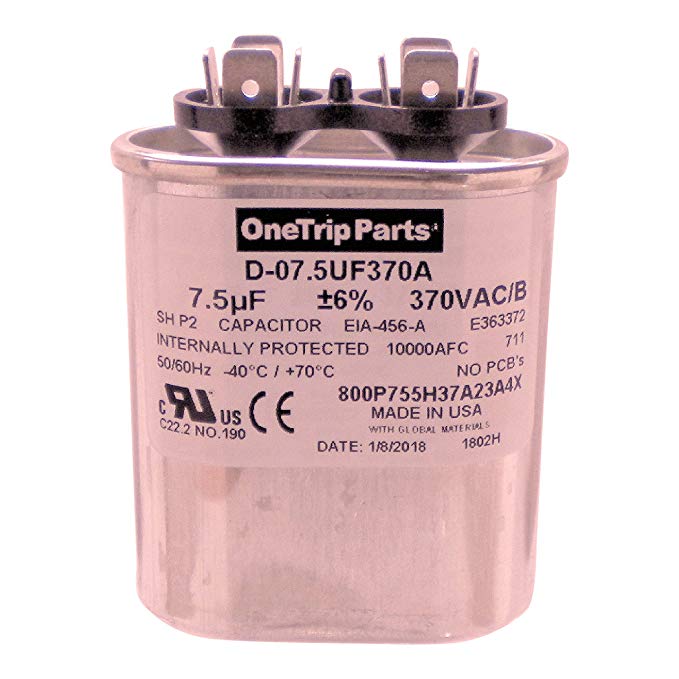 OneTrip Parts USA Run Capacitor 7.5 UF - 7.5 MFD 370 VAC Flat Oval