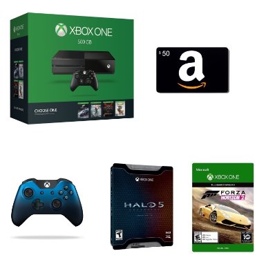 Xbox One 500GB Console - Name Your Game Bundle   $50 Amazon Gift Card [Physical Card]   Halo 5: Guardians - Limited Edition [Physical Disc]   Xbox One Special Edition Dusk Shadow Wireless Controller   Forza Horizon 2 [Emailed Digital Code]