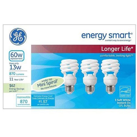 GE Energy Smart 13 Watt Soft White Compact Fluorescent T2 Light Bulbs 3 Pack (CFL equivalent to standard 60 watt bulbs)