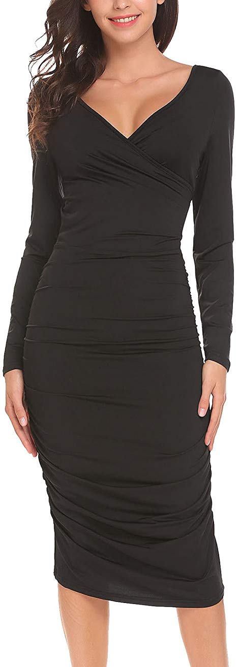 Zeagoo Women Long Sleeve V Neck Ruched Bodycon Cocktail Party Wrap Midi Dress