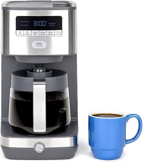 GE Drip Coffee Maker With Timer | 12-Cup Glass Carafe Coffee Pot With Adjustable Keep Warm Plate | Wide Shower Head for Maximum Flavor | Kitchen Essentials | Stainless Steel