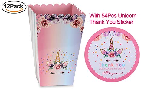 12Pk Magical Unicorn Baby Shower or Birthday Party Favor Popcorn Treat Boxes Unicorn Poop Candy Boxes  54Pcs Unicorn Thank You Stickers Unicorn Birthday Party Supplies