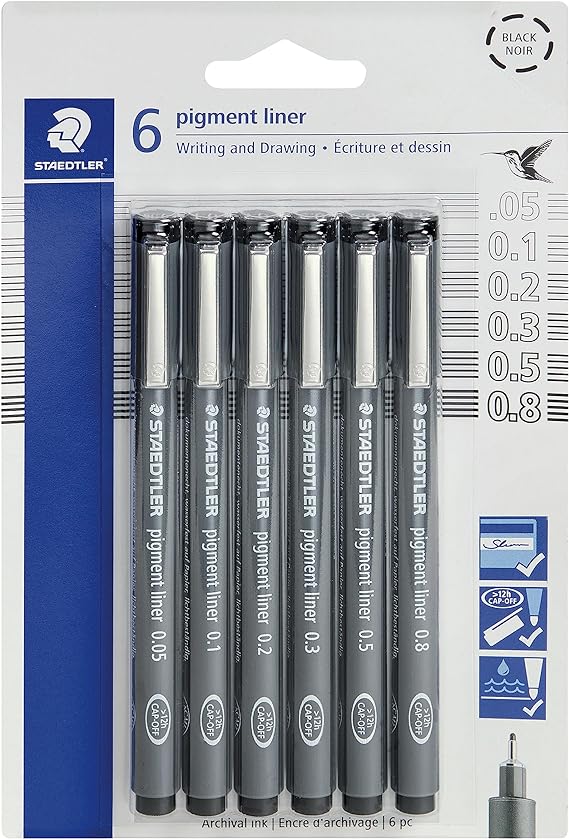 STAEDTLER Pigment Liner Pack, Black, 6 Pens, Assorted Line Widths, 0.05mm, 0.1mm, 0.2mm, 0.3mm, 0.5mm, 0.8mm