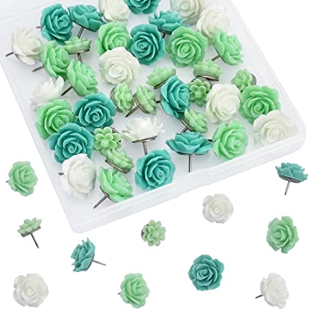 40 Pcs Green Camellia Rose Flower Push Pin with Gradient Color Decorative Thumbtacks Floret Flower Push Pins for School, Home