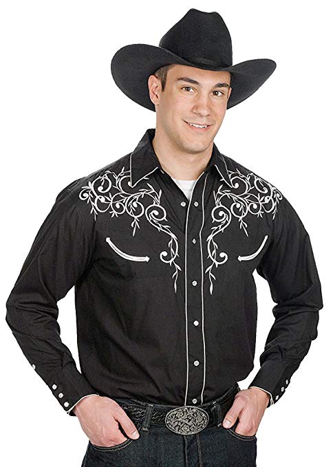 Men's Cotton Blend Retro Leaf Embroidery Western Shirt Black