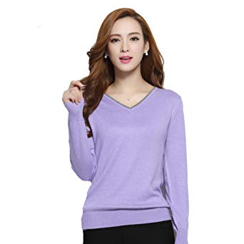 Panreddy Women's Cashmere Blended Knitted Pullovers Long Sleeve V Neck Sweater