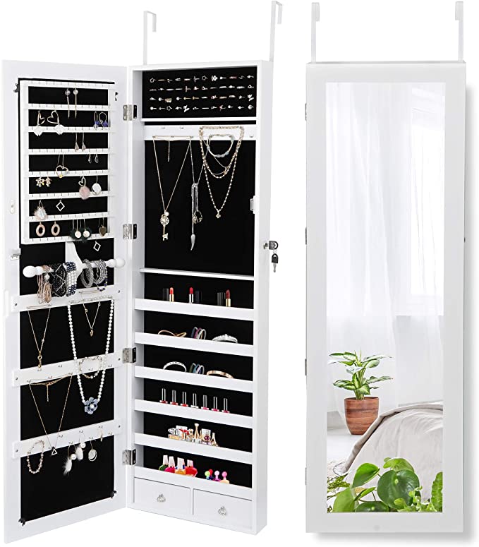 ZENY Jewelry Armoire Jewelry Organizer with Full Mirror Lockable Jewelry Cabinet Wall Door Mounted Jewelry Box with Hanging Hooks, 2 Storage Drawers,White