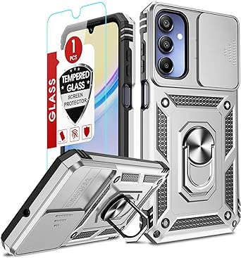 LeYi for Samsung Galaxy A15 5G Case, Case for Samsung A15 5G Phone with Slide Camera Cover   Tempered Glass Screen Protectors, Military-Grade Case with Ring Stand for Samsung A15 5G, Silver