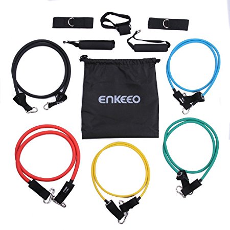 Enkeeo Resistance Bands 11pcs Set, 5 Exercise Tubes with Handles, Ankle Straps and Door Anchor for Men Women Gym Home Strength Training, Abs Workout, Weight Loss