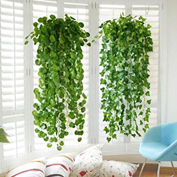 XHSP 2pcs Artificial Green Ivy Vine Potato Leaves Garland Plants Vine Fake Foliage Home Decor,35"