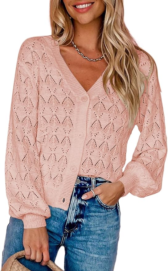 Dokotoo Cropped Cardigan Sweaters for Women Long Sleeve Crochet Knit Shrug Open Front V-Neck Button up Tops