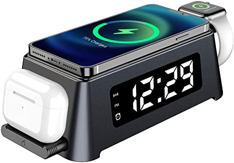 JUNWER LED Digital Clock 2021 New Version Fast Wireless Charging Station for Multiple Devices,3 in 1 Wireless Charger Compatible with iPhone,Apple Watch & AirPods