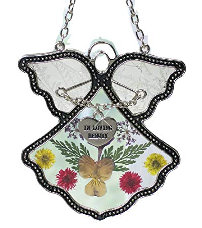 BANBERRY DESIGNS Angel Suncatcher - in Loving Memory Angel - Pressed Flowers Stained Glass Angel with Memorial Heart Charm - in Memory of Loved Ones - Memorial Keepsake