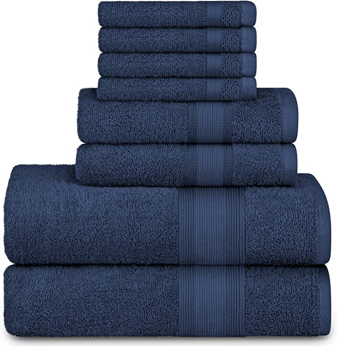Adobella 8-Piece Bath Towel Set, Premium Combed Cotton, Highly Absorbent, Super Soft, Quick Dry, 2 Bath Towels, 2 Hand Towels and 4 Washcloths, Blue (Set of 8)