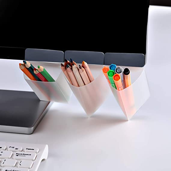 4 Pieces DIY Screen Pen Holders Clear Desktop Accessories Bags Screen Pencil Organizers Table Side Holder for Home Office Desk Containers, Trapezoid and Triangle