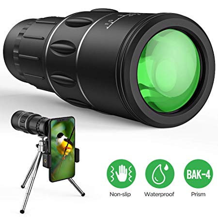 Monocular Telescope, 16X52 High Power HD Monocular with Holder & Tripod for Smartphone, Waterproof Night Vision Clear BAK4 Prism Lens Scope for Bird Watching, Hiking, Camping, Match Watching (1.0)