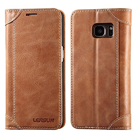 Galaxy S7 Case, Lensun Genuine Leather Wallet Magnetic Flip Case Cover for Samsung Galaxy S7 5.1" - Brown(S7-DX-BN)