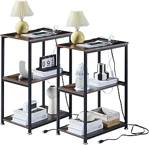 VECELO Tall End Charging Station, Side Table with USB Ports and Outlets, 30" Height Nightstand with 3-Tier Storage Shelf for Living Room Bedroom Office Hallway Study, 2-Pack, Dark Brown