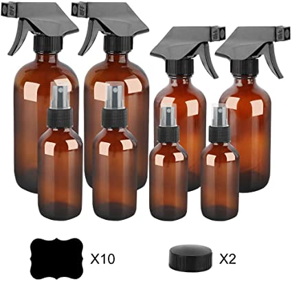 Amber Glass Spray Bottles Set Refillable Container for Essential Oils, Cleaning Products, or Aromatherapy.16 oz x 2,8 oz x 2,4 oz x 2,2 oz x 2.