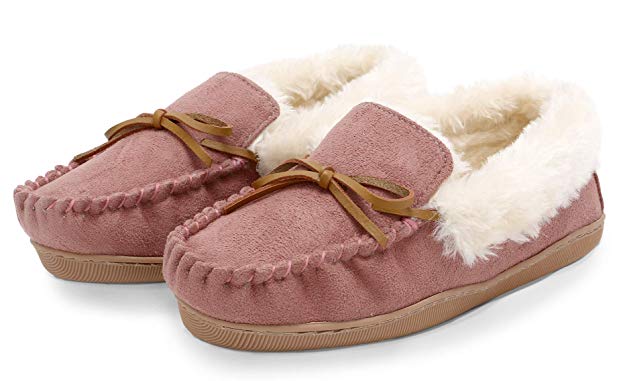 Pembrook Ladies Moccasin Slippers - Micro Suede Indoor and Outdoor Non-Skid Sole - Great Plush Slip On House or Driving Shoes for Adults, Women, Girls
