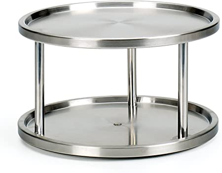 RSVP International Two-Tier Turntable Lazy Susan | Handy in Cabinet, Refrigerators & Counters | Organize Spices, Canned Foods, Pots, Pans, Dinnerware, 10.5" x 6", Stainless Steel