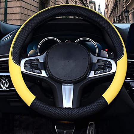 SHIAWASENA Car Steering Wheel Cover, Leather, Universal 15 Inch Fit, Anti-Slip & Odor-Free (Black&Yellow)