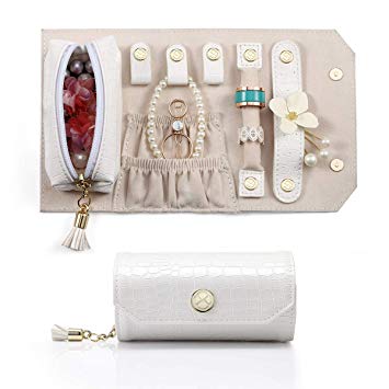 Vlando Portable Jewelry Roll for Travel, Mini Size & Light Weight Jewelry Storage Organizer Bag for Daily Jewelries for Bracelets, Earrings, Rings (White)