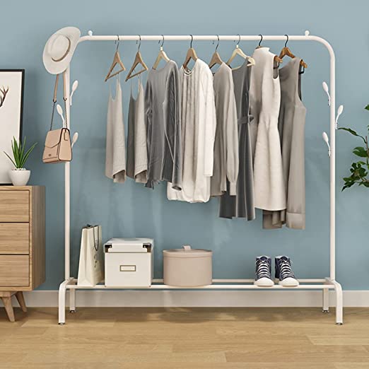 ADA Metal Garment Rack with Top Rod and Lower Storage Shelf 7 Hooks Heavy Duty Clothes Coat Stand, Shoes Rack, Clothes Rack for Bedroom, Living Room and Entryway - 150 x 150cm (White)