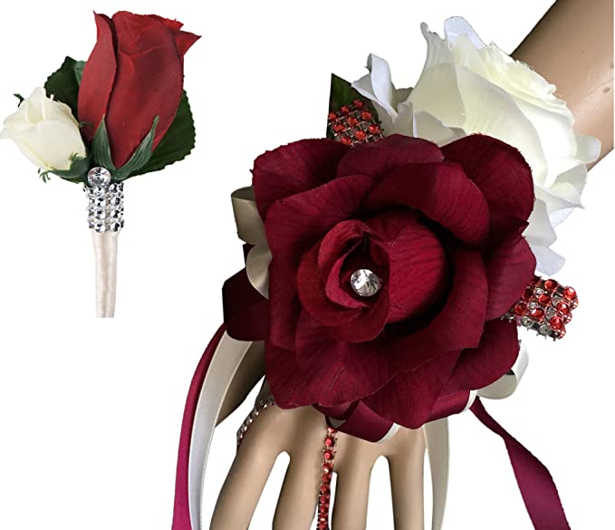Angel Isabella 2pc Set:Ivory Burgundy Roses Wrist Corsage & Boutonniere.Ready to Use.