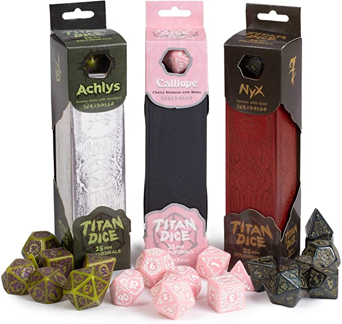 Titan Dice Complete Collection - 21 Giant 25mm Polyhedral Dice Set - Green, Black, and Pink Cherry Blossom - 3 Premium Painted Wooden Boxes - Tabletop Roleplaying Fantasy RPG Gaming Accessories