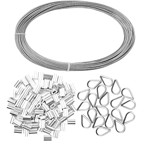 Yookat Wire Rope Cable Includes 1/16inch x 66Feet Stainless Steel Wire Rope Cable 100Pcs Aluminum Crimping Sleeves and 20Pcs Stainless Steel Thimble Cable Railing Kits Clear