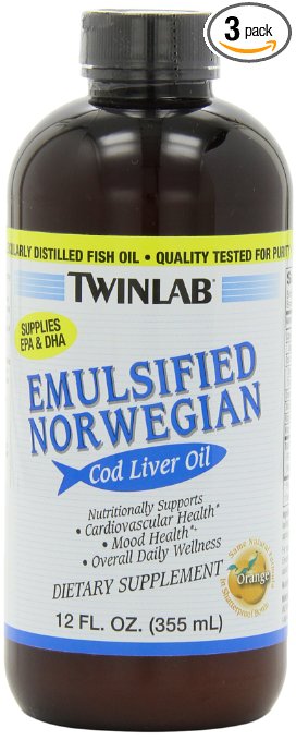 Twinlab Cod Liver Oil, Emulsified Norwegian, Orange, 12 Ounce (Pack of 3)