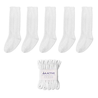 LA Active Girls Knee High Grip Socks – 5 Pairs - Baby Toddler Non Slip/Anti Skid Cotton Cable Knit Stockings